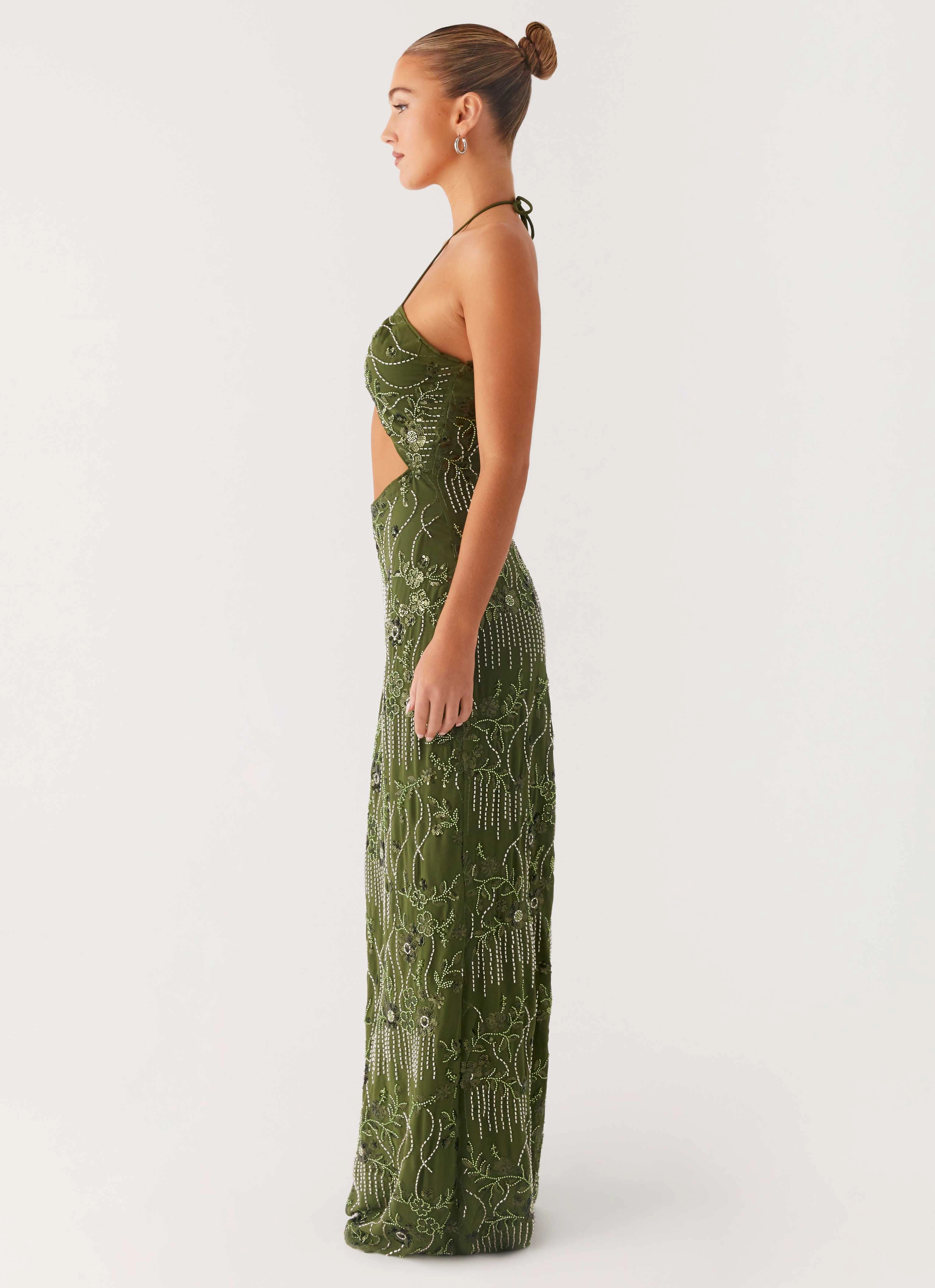 PlushLining Phoenicia Beaded Maxi Dress - Khaki