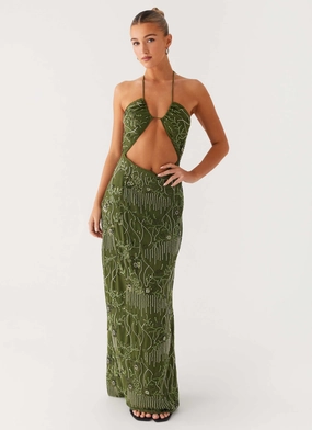 Phoenicia Beaded Maxi Dress - Khaki Soft Silhouette Phoenicia Beaded Maxi Dress - Khaki Flattering Waist Fit Artistic Shape