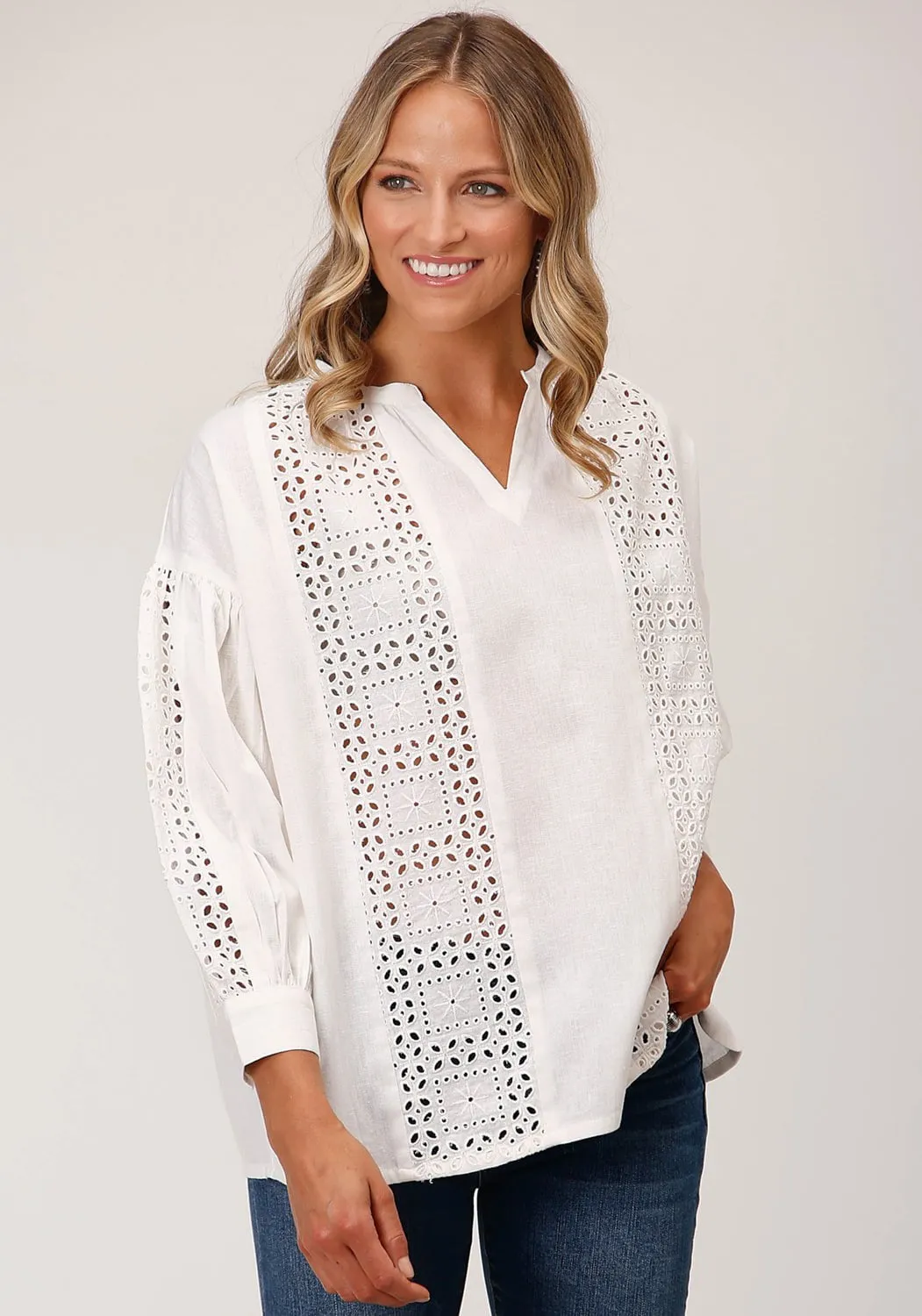 Organic Cotton Roper Womens Flex Peasant White 100% Cotton 3/4 Sleeve S/S Blouse