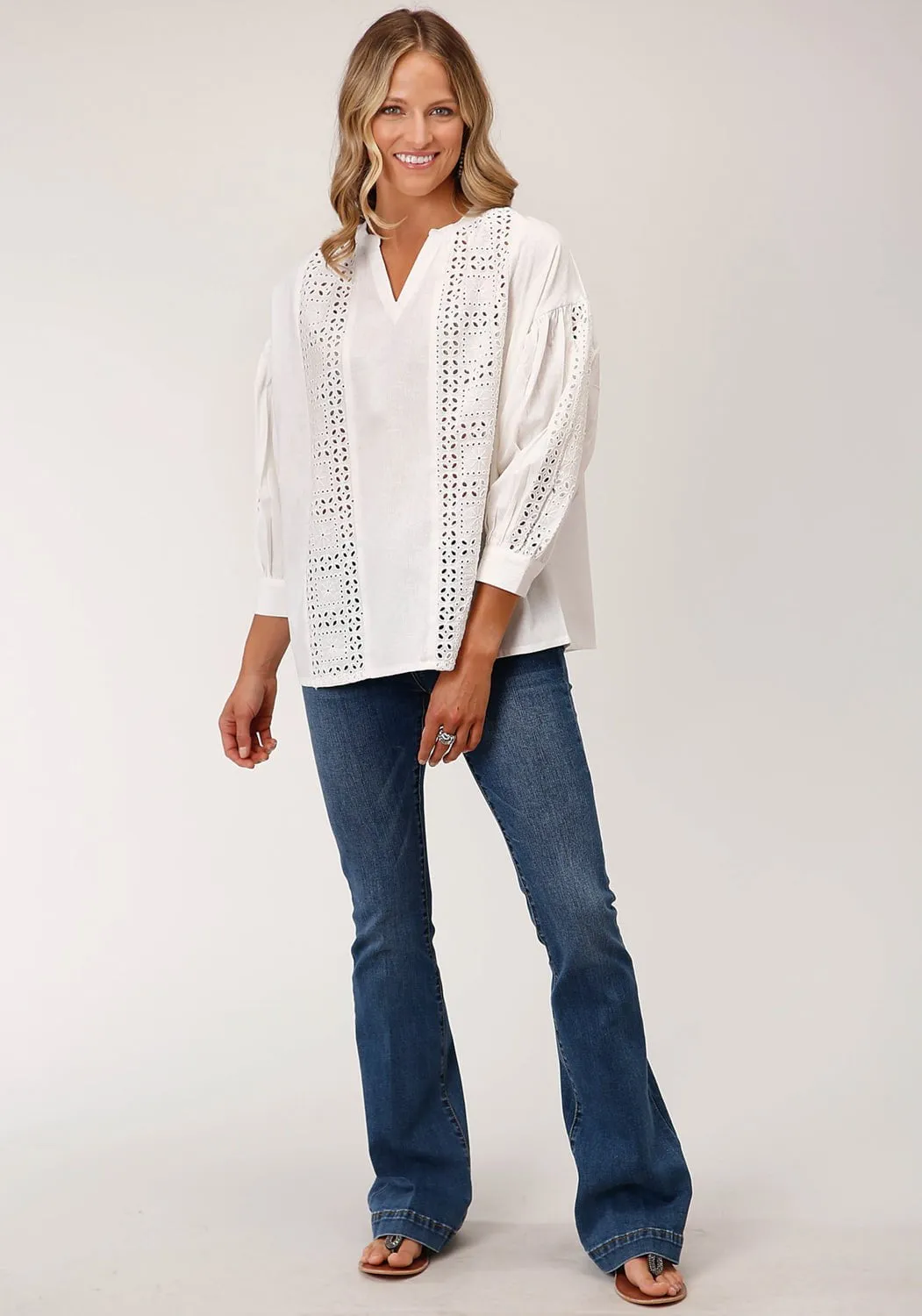 Soft Texture elegant design Roper Womens Flex Peasant White 100% Cotton 3/4 Sleeve S/S Blouse