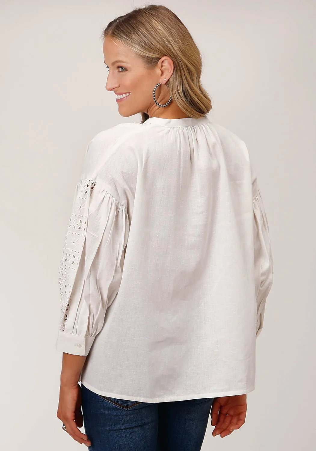 Roper Womens Flex Peasant White 100% Cotton 3/4 Sleeve S/S Blouse color block