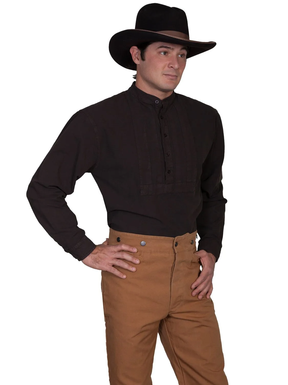 Scully RangeWear Mens Brown 100% Cotton Pleated Insert L/S Western Shirt Easy Fit Fashion Comfort