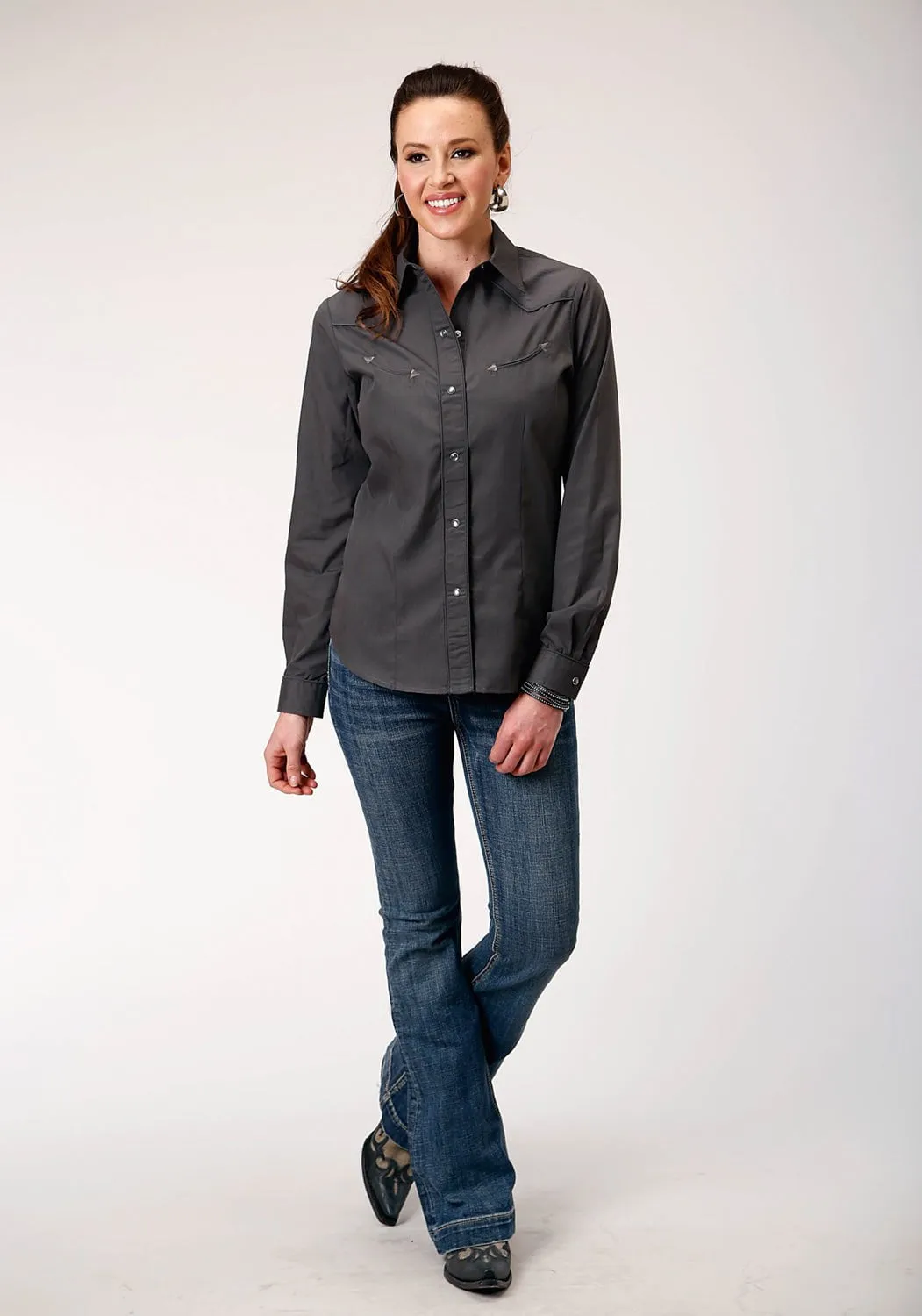 Roper Womens Broadcloth Dark Charcoal Grey Cotton Blend L/S Shirt Flatlock stitching Cozy Wear