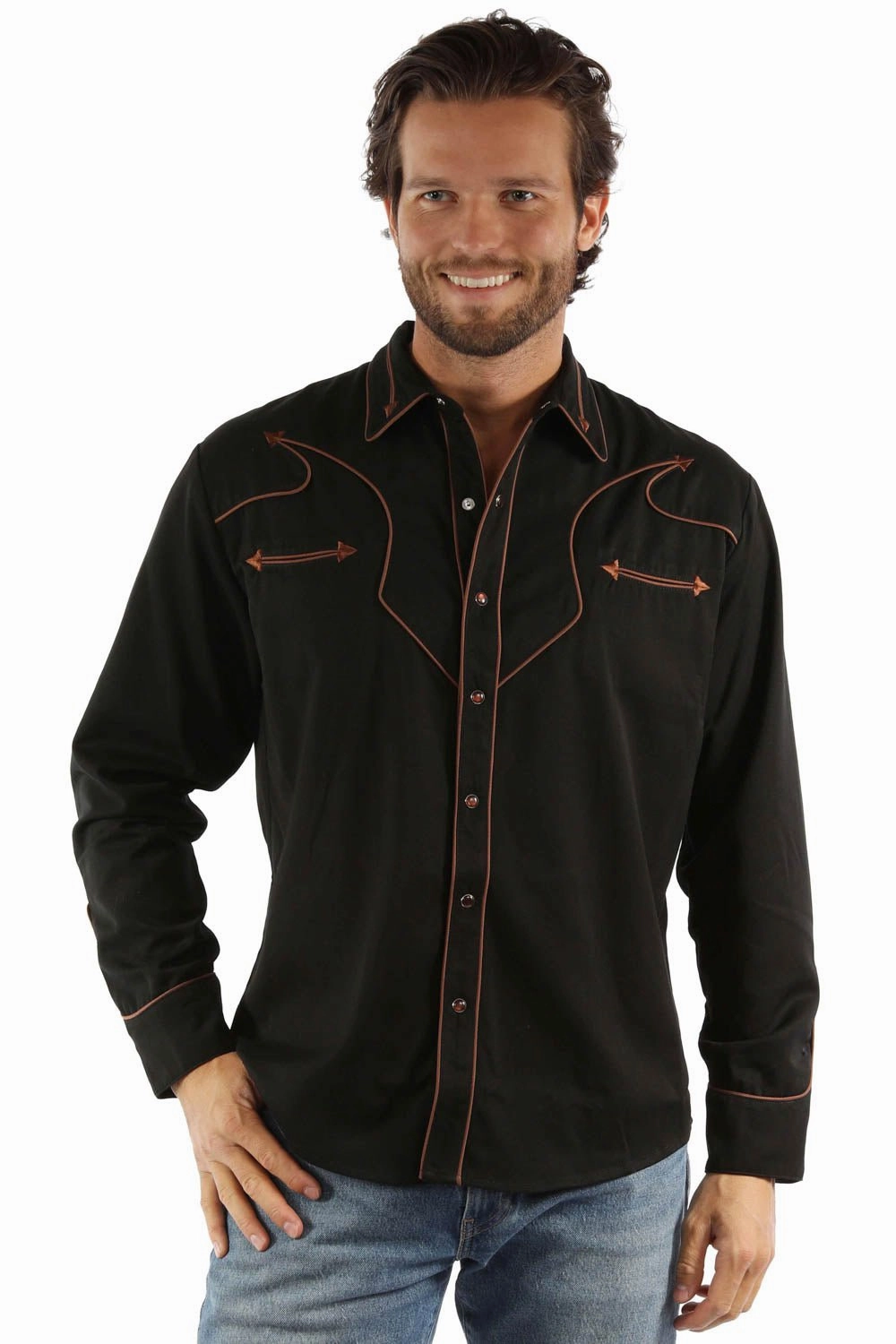 Scully Mens Brown Piping Black Poly/Rayon L/S Shirt Classy Detail