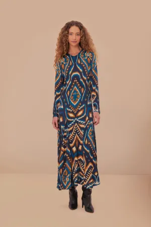 Pineapple Ikat Maxi Dress in Blue Workwear Essential Open Back Stylish Wear Pineapple Ikat Maxi Dress in Blue