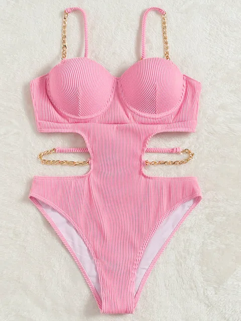 Pink Ripple Weave One Piece Swimsuit