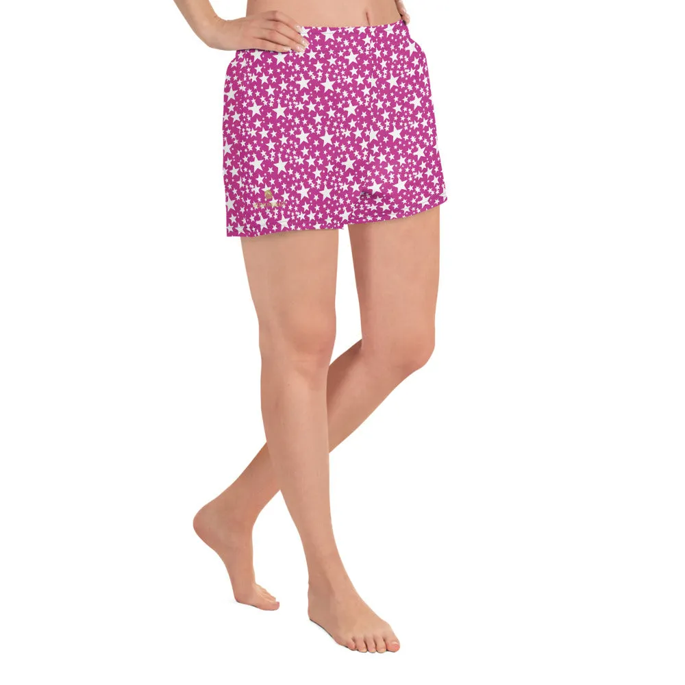 Pink White Star Print Pattern Designer Women's Athletic Short Running Shorts- Made in EU