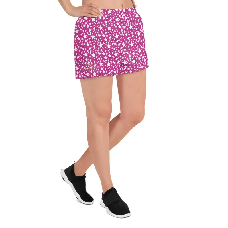 Pink White Star Print Pattern Designer Women's Athletic Short Running Shorts- Made in EU