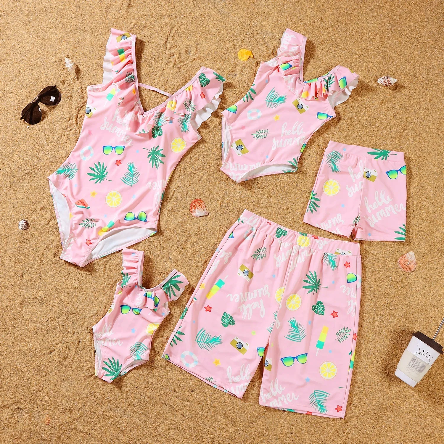Plant Print Frill Trim Family One Piece Swimsuit