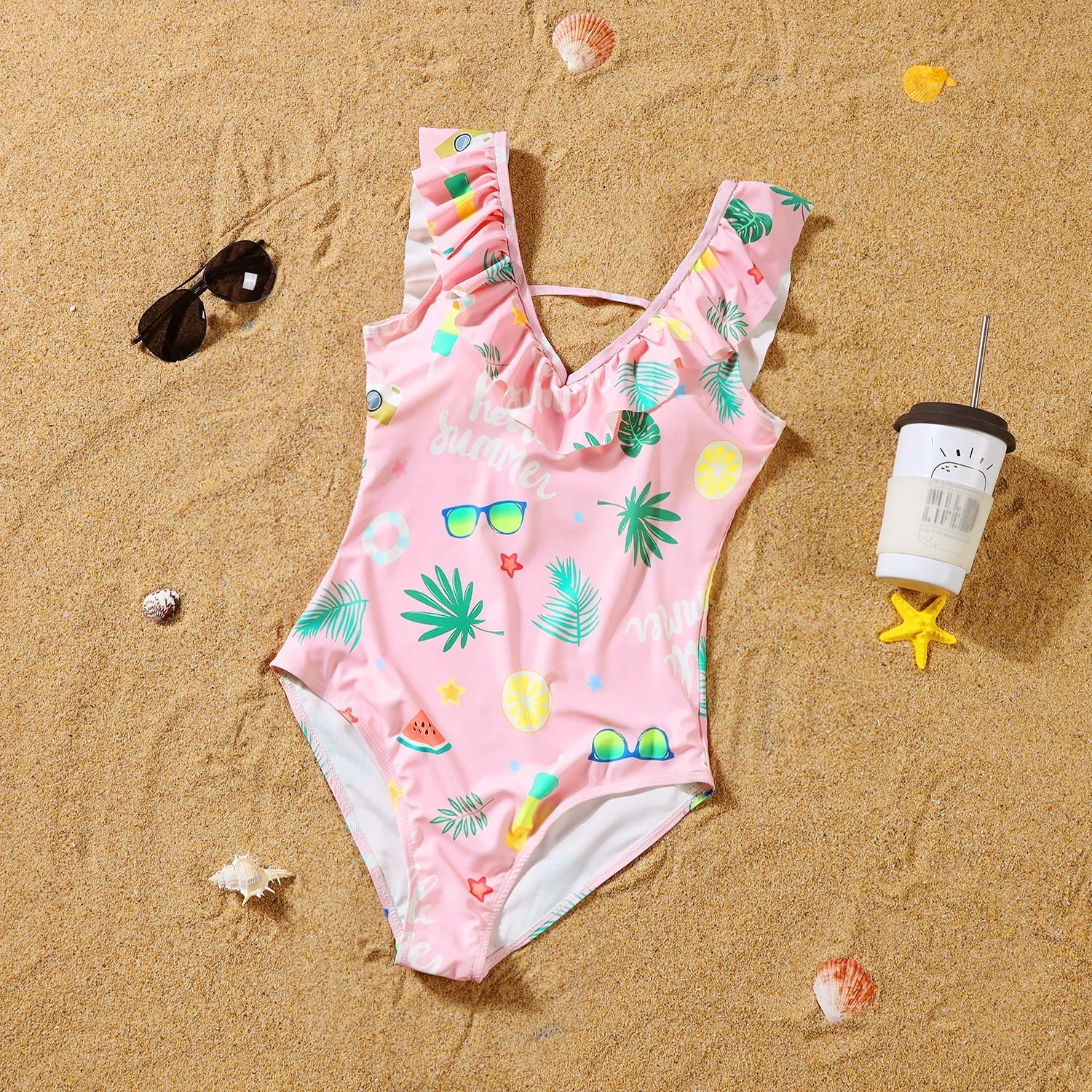 Plant Print Frill Trim Family One Piece Swimsuit