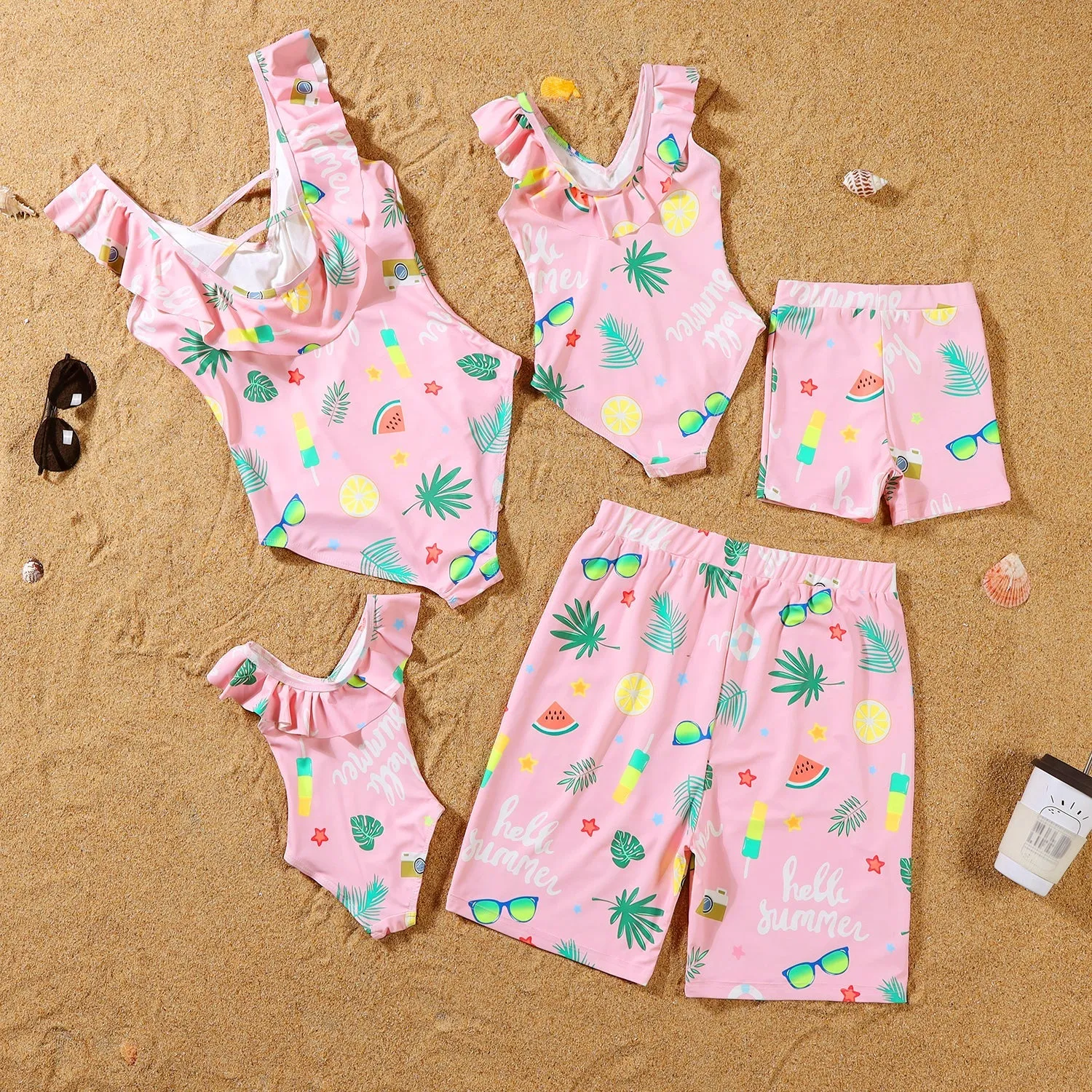Plant Print Frill Trim Family One Piece Swimsuit