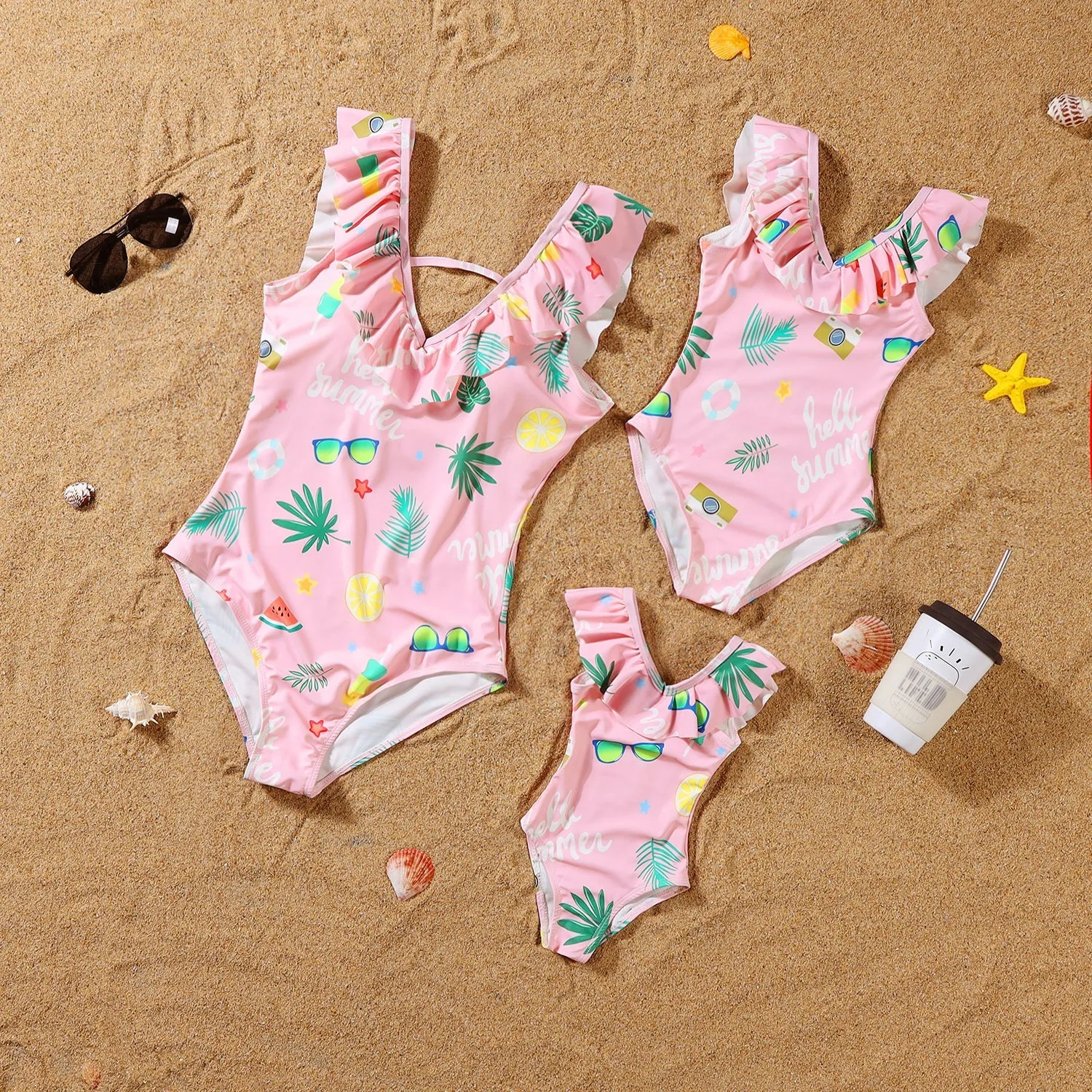 Plant Print Frill Trim Family One Piece Swimsuit