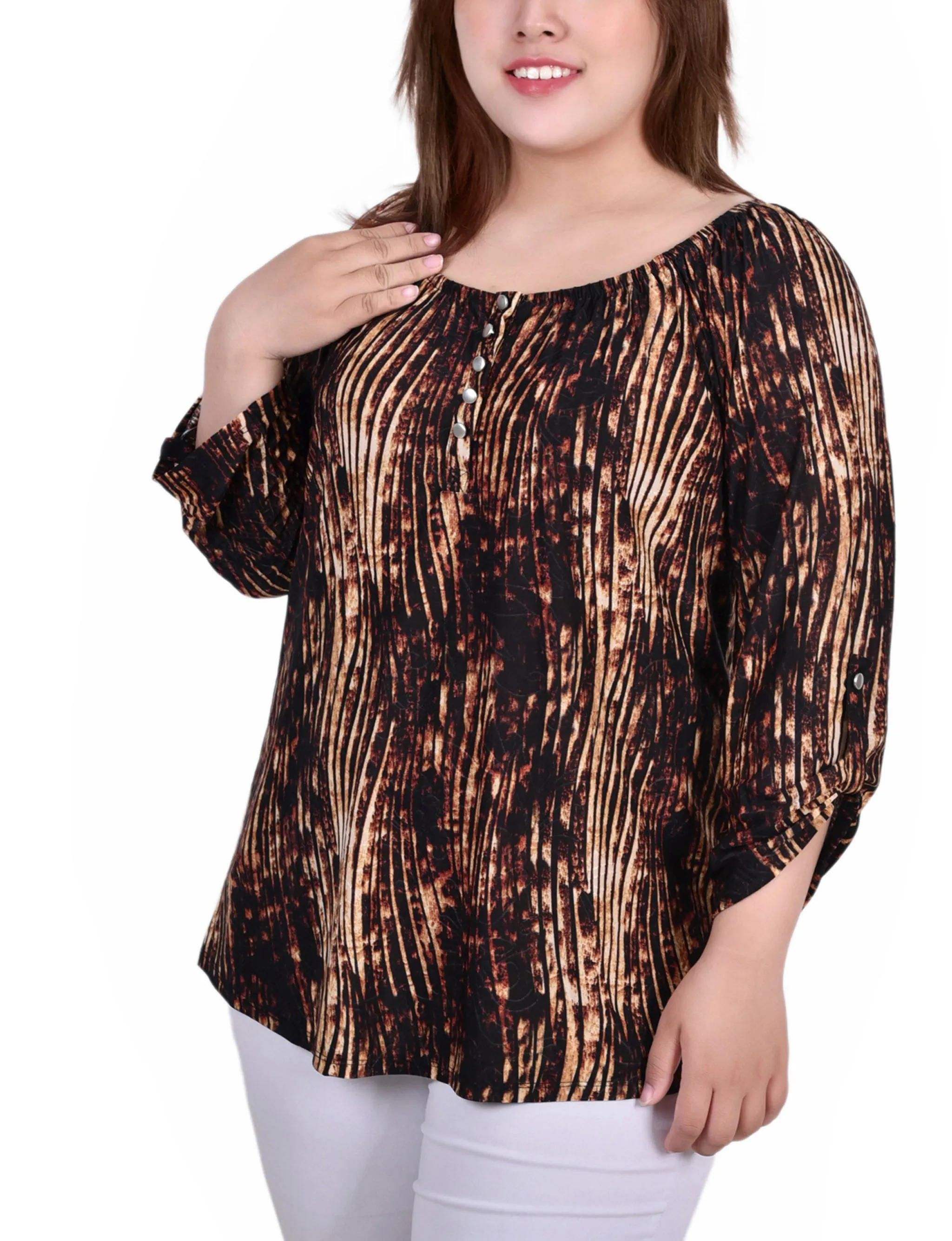Luxe Fabric Plus Size 3/4 Push Tab Round Neck Top