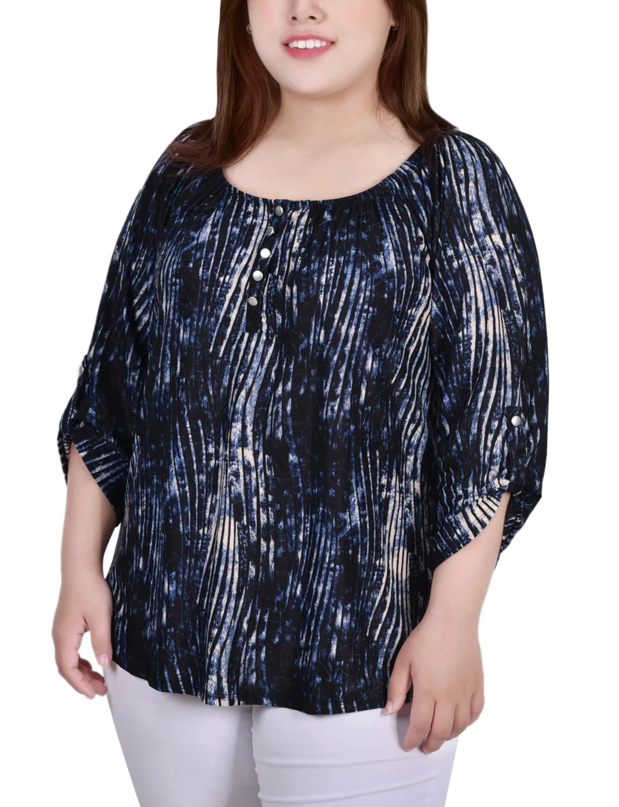 Drawstring-Waist Plus Size 3/4 Push Tab Round Neck Top