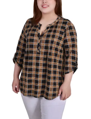 Plus Size 3/4 Roll Tab Sleeve Y Neck Top Bell Sleeve Cozy Drape Elegant Waist Plus Size 3/4 Roll Tab Sleeve Y Neck Top