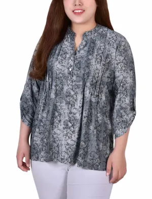 Plus Size 3/4 Roll Tab Sleeve Y Neck Top Salsa Ready Sculpted Fit Plus Size 3/4 Roll Tab Sleeve Y Neck Top