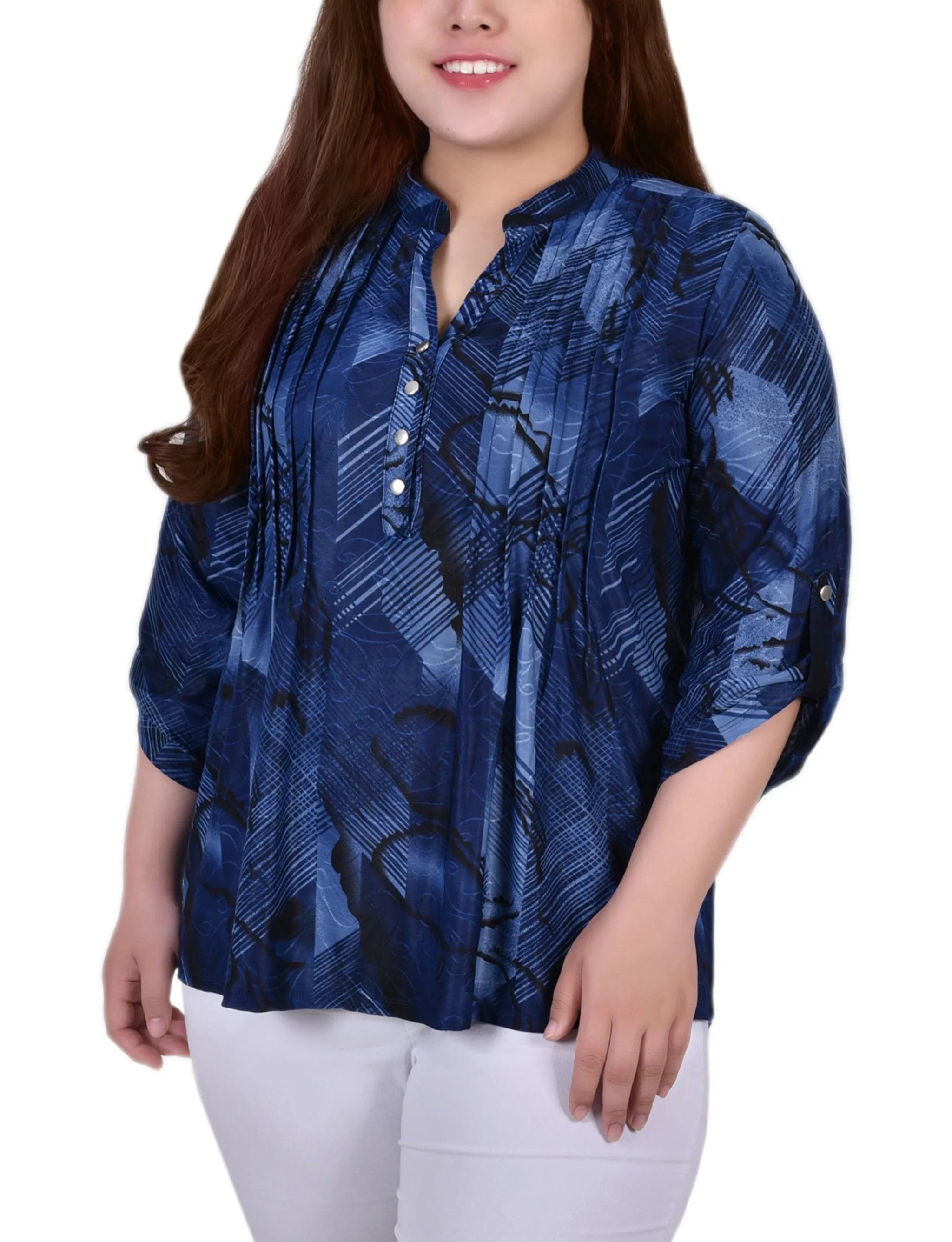 Plus Size 3/4 Roll Tab Sleeve Y Neck Top Abstract Pattern Edgy-Look