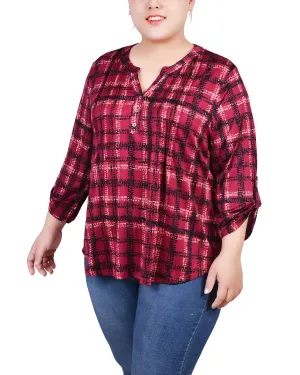 Plus Size 3/4 Roll Tab Sleeve Y Neck Top Trendy Look Wear Adjustable-Length Plus Size 3/4 Roll Tab Sleeve Y Neck Top
