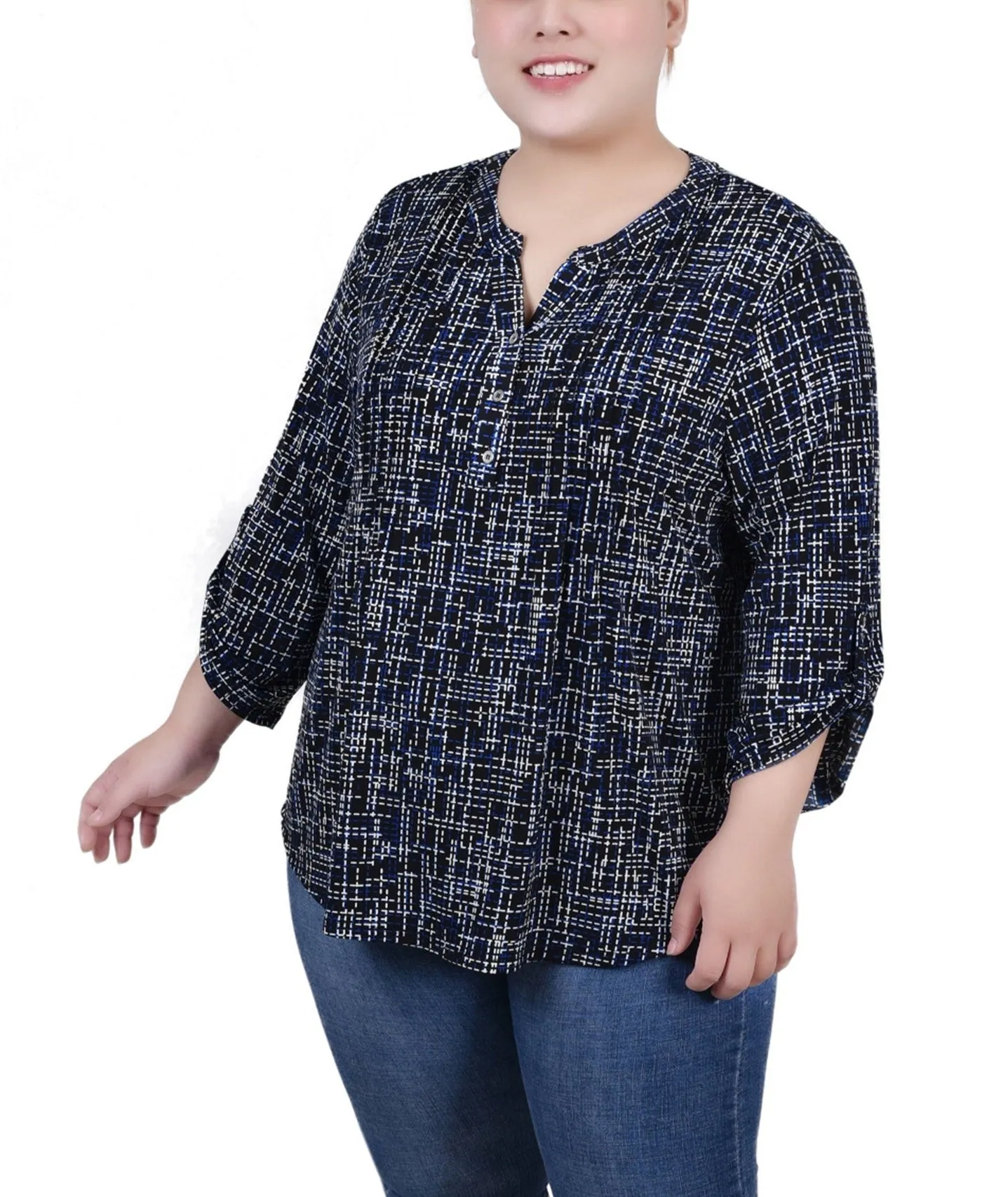 Fresh Form Dream Look Plus Size 3/4 Roll Tab Sleeve Y Neck Top