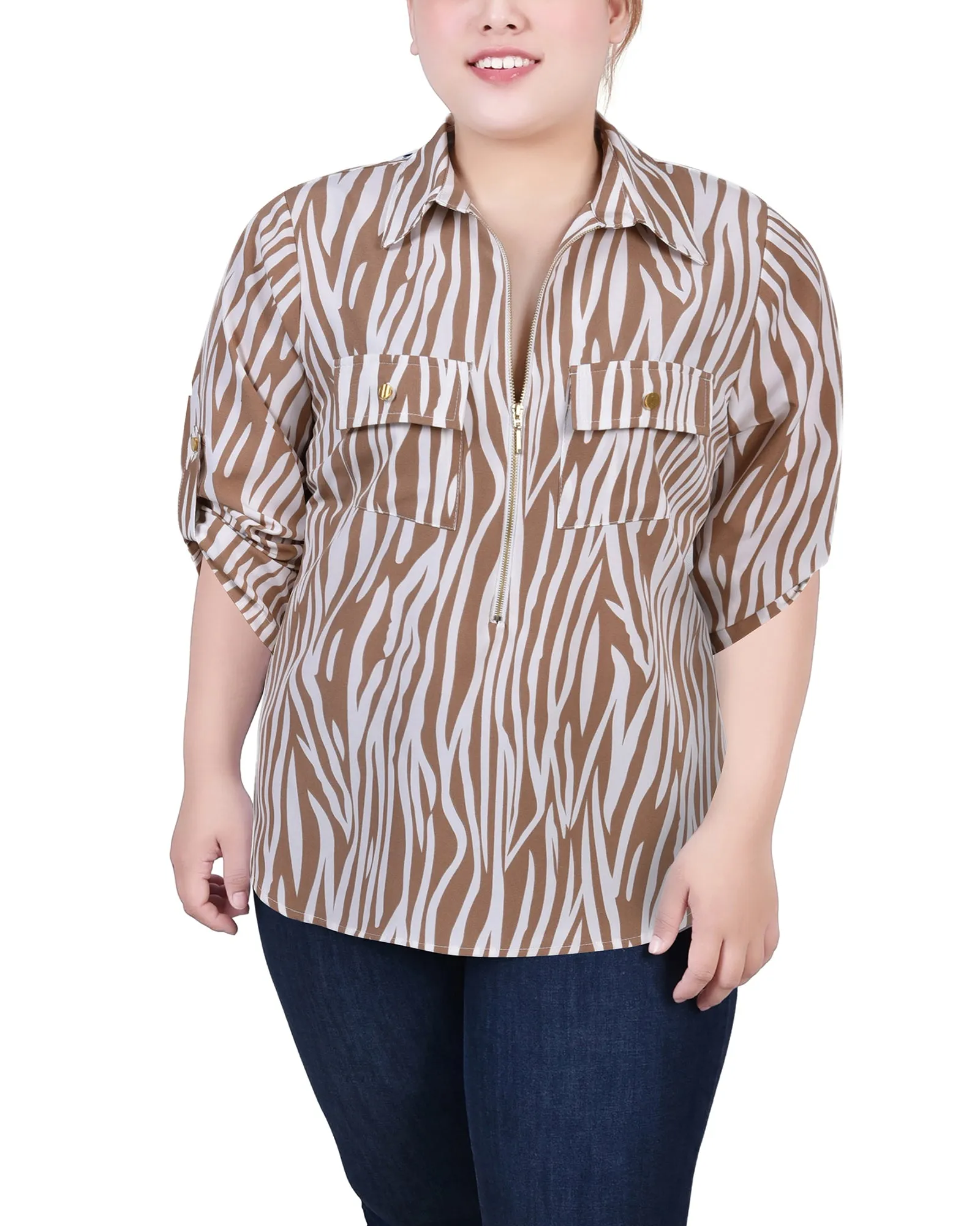 Plus Size 3/4 Roll Tab Sleeve Zip Front Top Smart touch Romantic-Detail