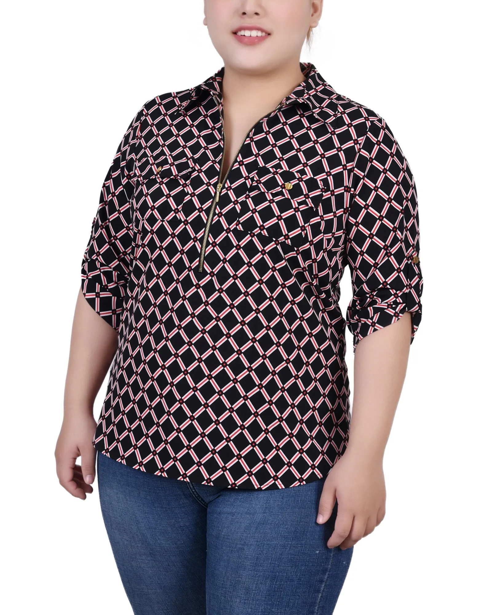 Bold Movement Plus Size 3/4 Roll Tab Sleeve Zip Front Top
