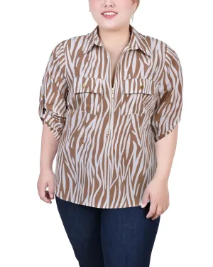 Plus Size 3/4 Roll Tab Sleeve Zip Front Top Statement Dress Plus Size 3/4 Roll Tab Sleeve Zip Front Top Smile Soft Stylish party wear