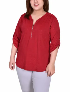 Plus Size 3/4 Roll Tab Zip Front Jacquard Knit Top Modern Outfit Comfortable Touch Church Proper Plus Size 3/4 Roll Tab Zip Front Jacquard Knit Top