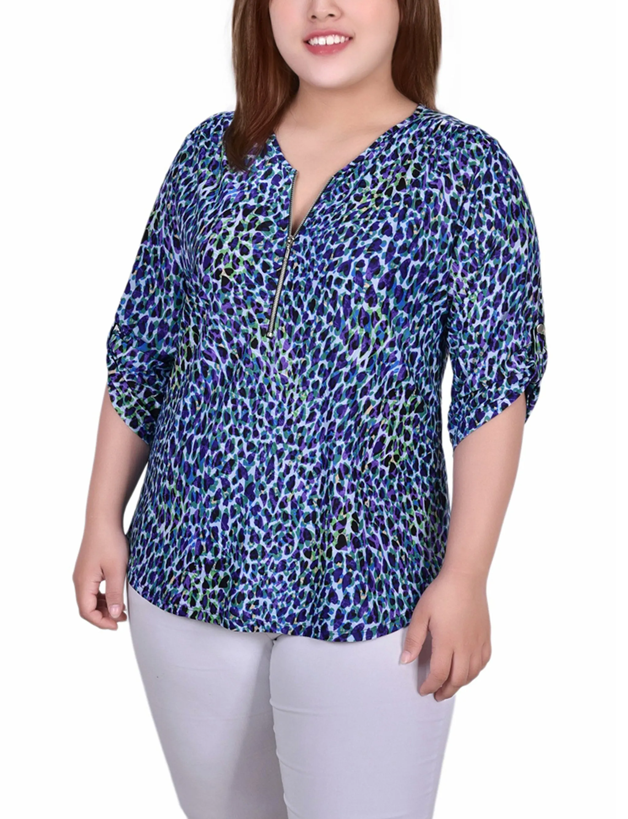 Plus Size 3/4 Roll Tab Zip Front Jacquard Knit Top Vibrant Style Easy Pairing