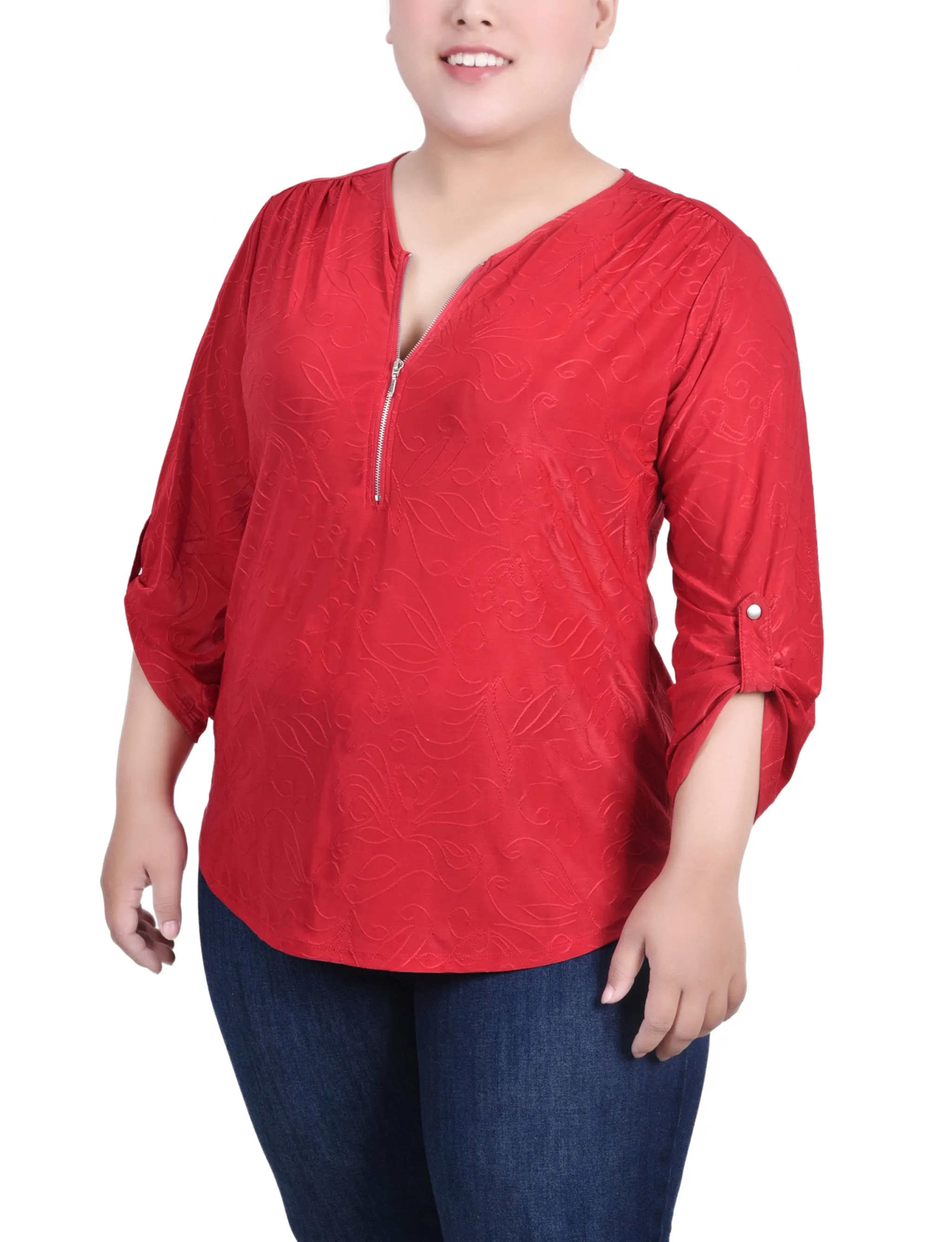 Neutral Form Layered Volume Plus Size 3/4 Roll Tab Zip Front Jacquard Knit Top