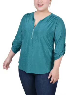 Plus Size 3/4 Roll Tab Zip Front Jacquard Knit Top Oriental Charm Plus Size 3/4 Roll Tab Zip Front Jacquard Knit Top Casual Lines