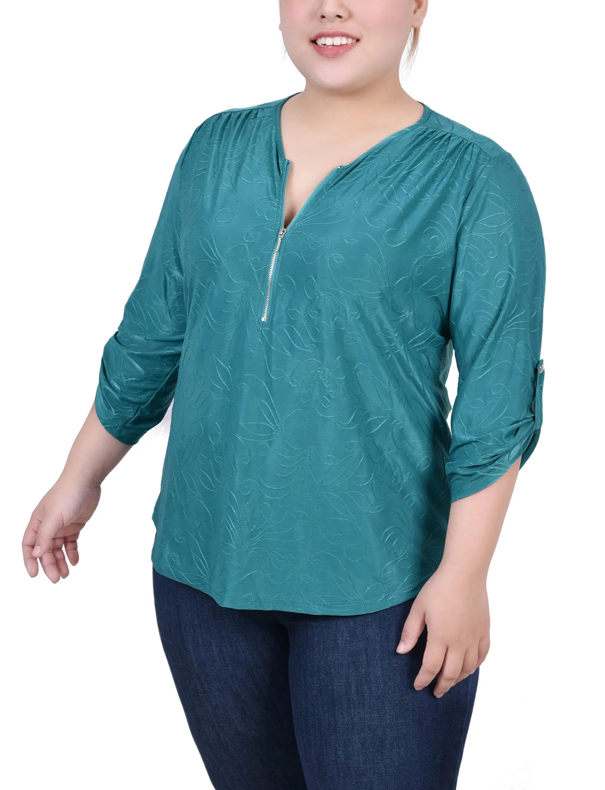 Plus Size 3/4 Roll Tab Zip Front Jacquard Knit Top Neat Finish Easy Mood
