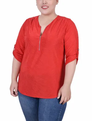 Plus Size 3/4 Roll Tab Zip Front Jacquard Knit Top Tango Night Plus Size 3/4 Roll Tab Zip Front Jacquard Knit Top Joyful Look Plus Fit
