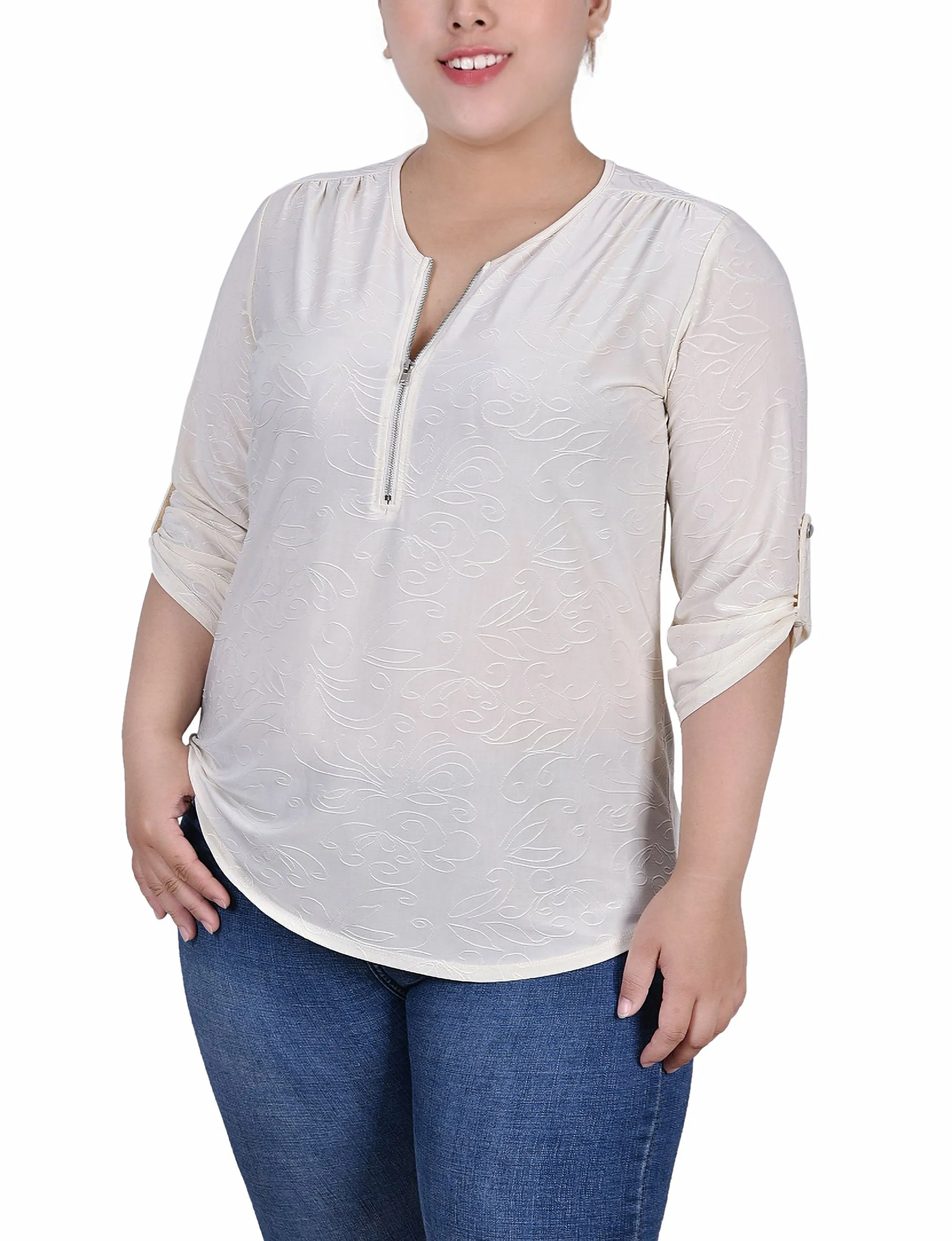 Neutral Feel Calm Silhouette Plus Size 3/4 Roll Tab Zip Front Jacquard Knit Top