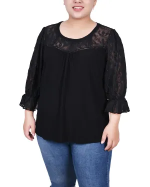 Plus Size 3/4 Sleeve Crepe Top With Embroidered Mesh Yoke And Sleeves New collection Comfortable Layering Go To Wear Plus Size 3/4 Sleeve Crepe Top With Embroidered Mesh Yoke And Sleeves