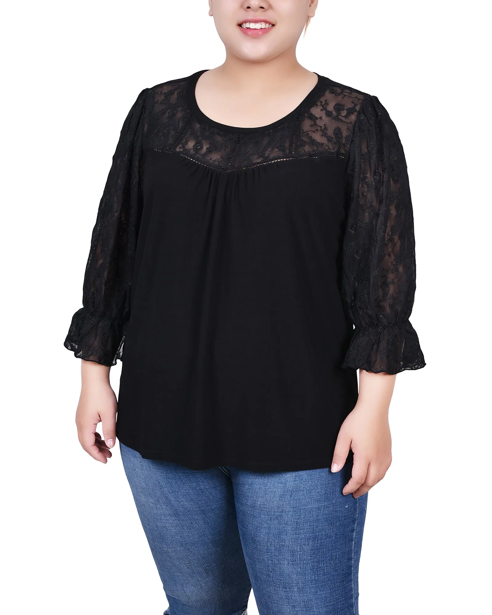 Work Fitwear Polished Edge Plus Size 3/4 Sleeve Crepe Top With Embroidered Mesh Yoke And Sleeves