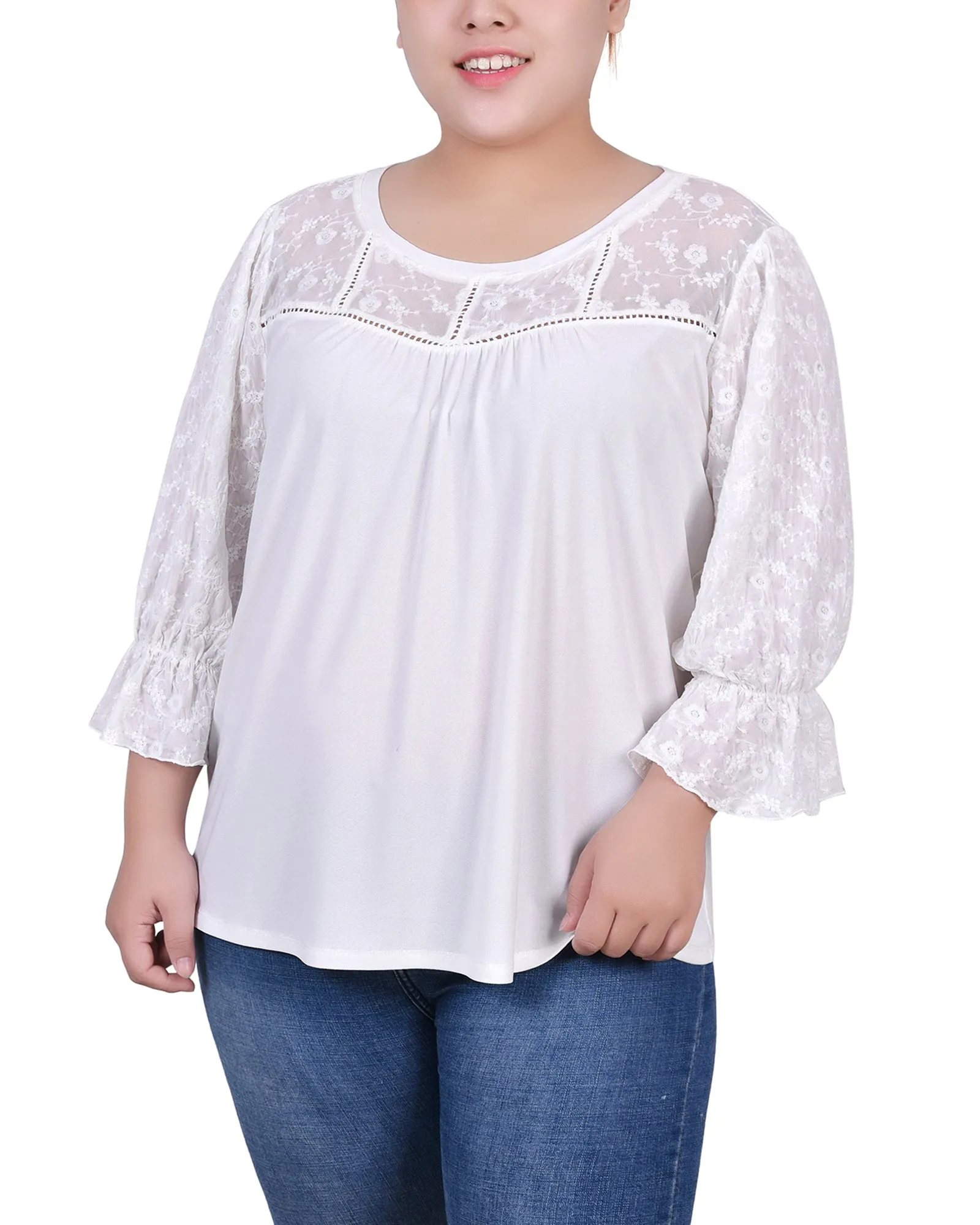 Graceful Ease Plus Size 3/4 Sleeve Crepe Top With Embroidered Mesh Yoke And Sleeves