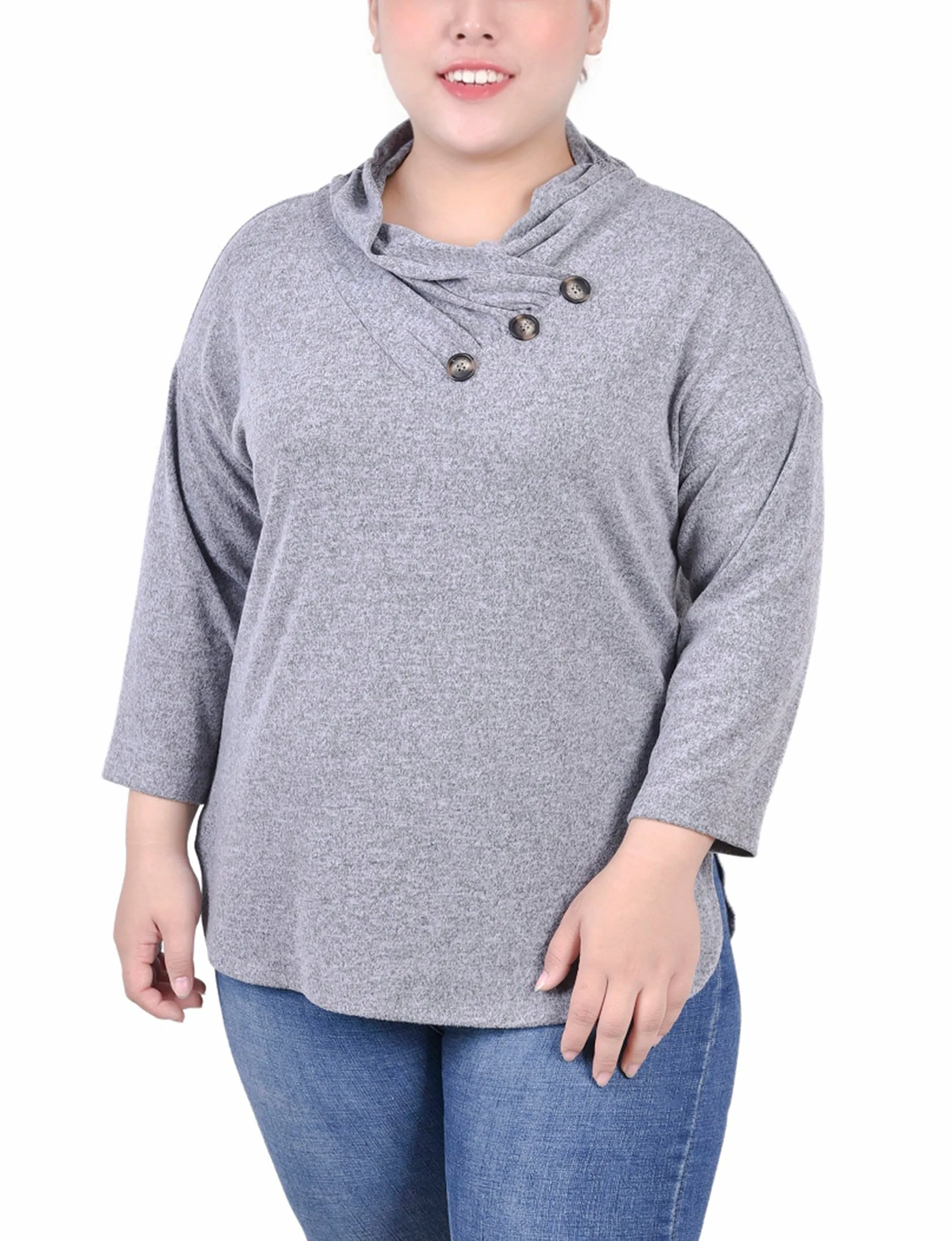 Plus Size 3/4 Sleeve Crossover Cowl Neck Top Sharp Edge Dreamy Flow