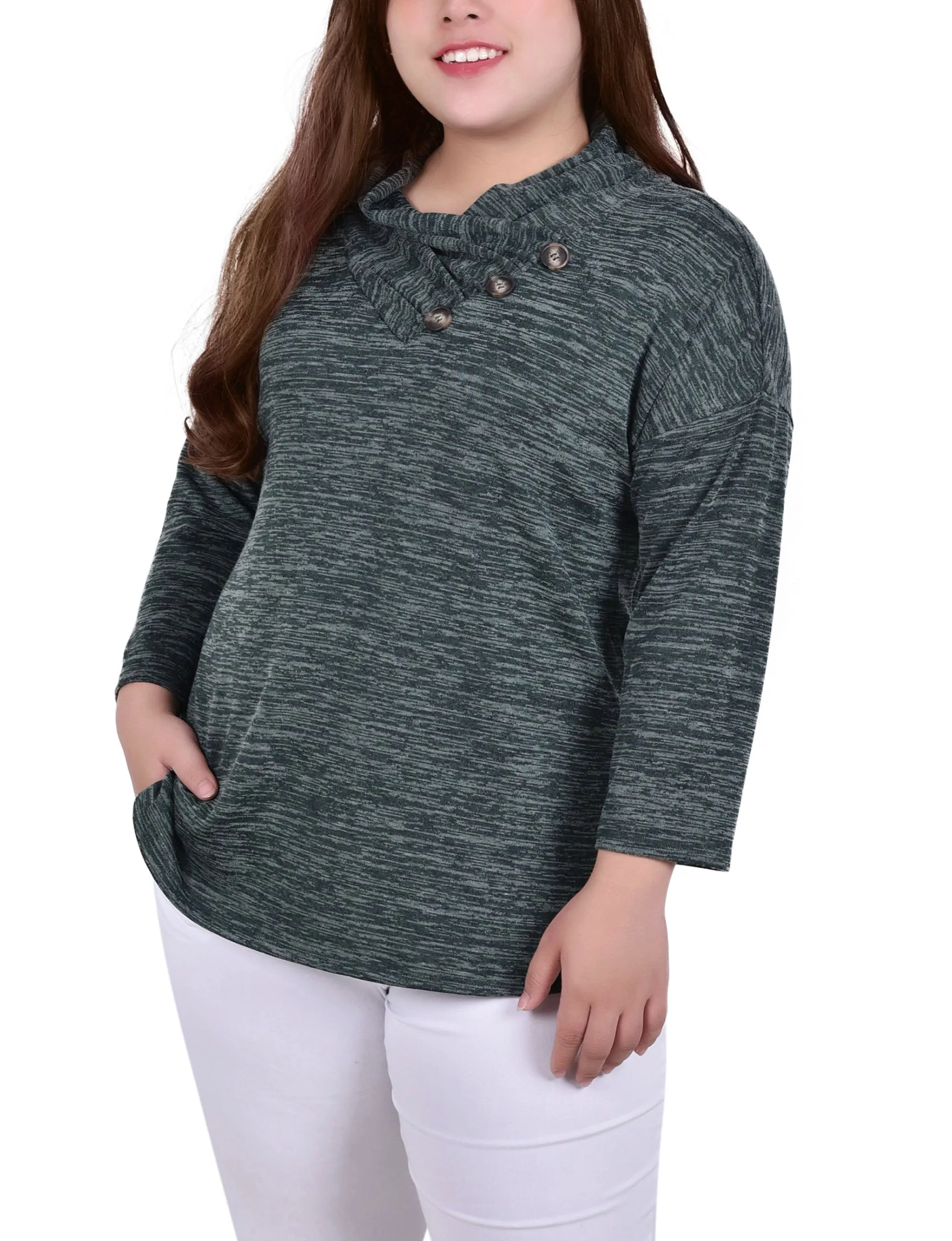 Plus Size 3/4 Sleeve Crossover Cowl Neck Top Perfect Layering Best-Seller