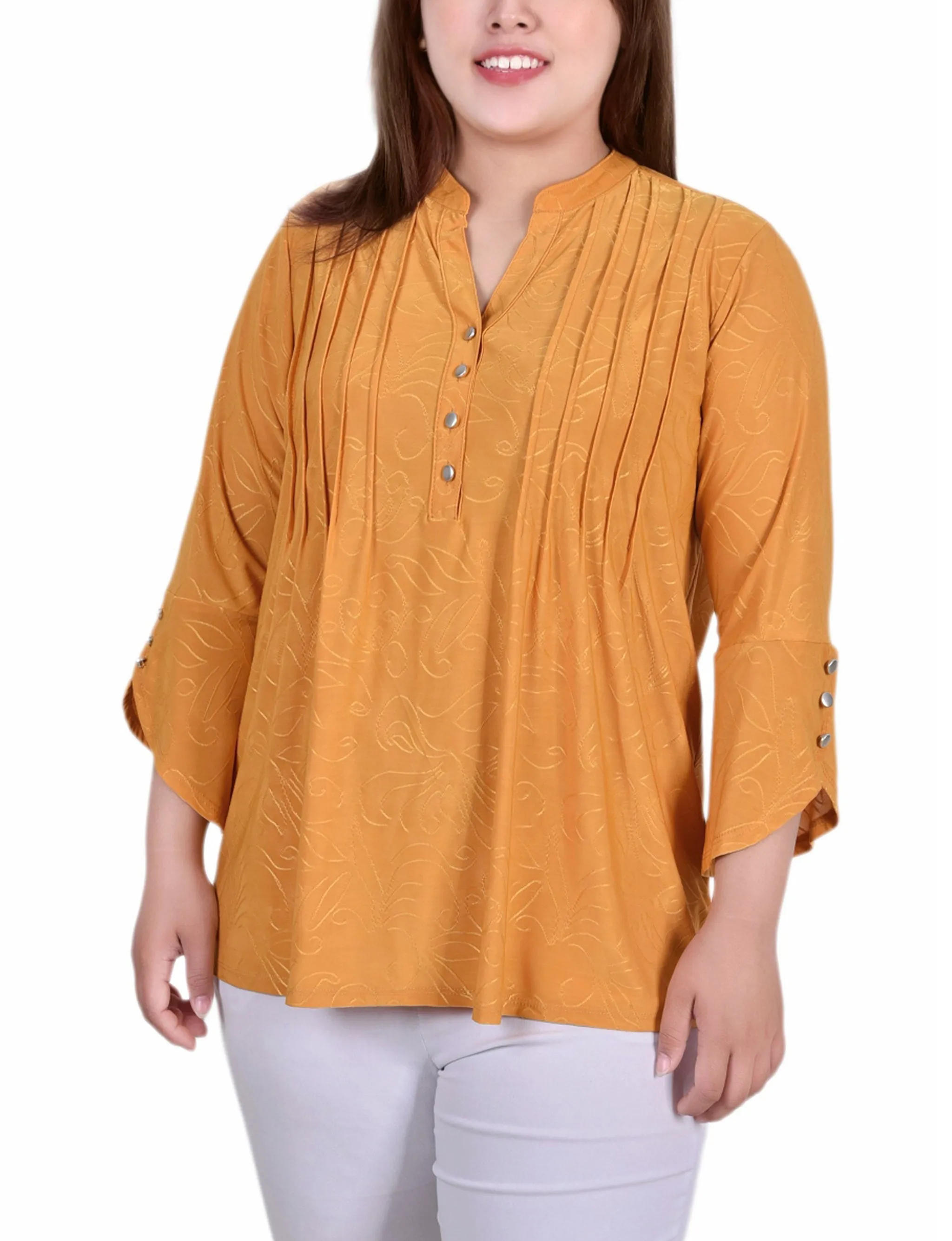 Plus Size 3/4 Sleeve Overlapped Bell Sleeve Y Neck Top Printed-Lining