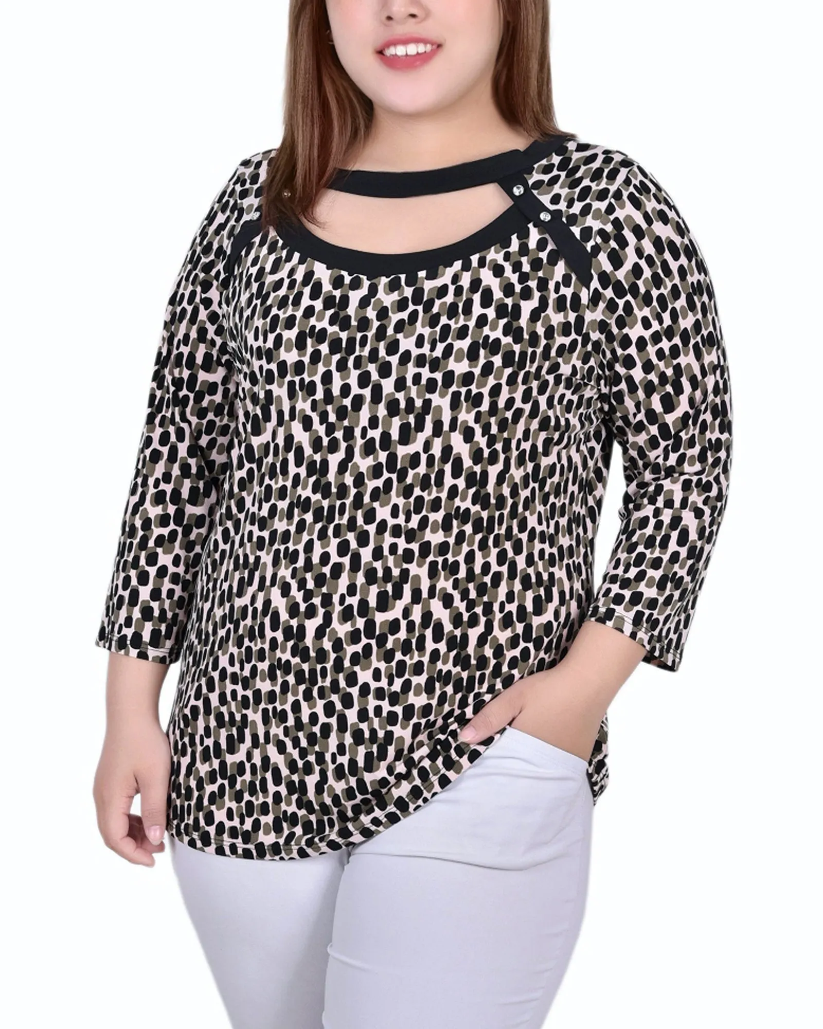 Plus Size 3/4 Sleeve Top With Combo Bands And Front Cutout Petal Zone