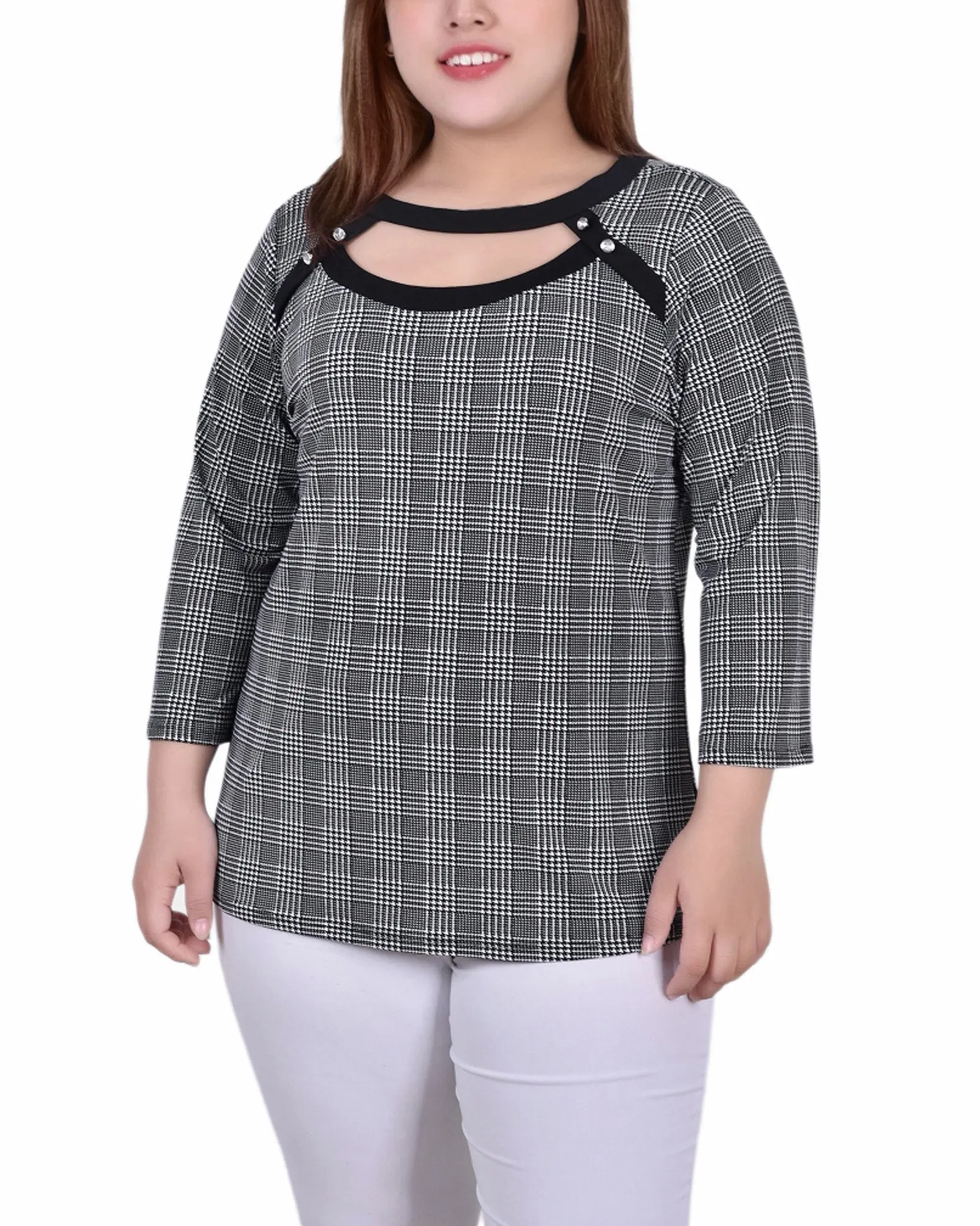 Bold Touch Comfortable Fashion Plus Size 3/4 Sleeve Top With Combo Bands And Front Cutout