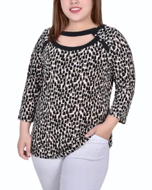 Plus Size 3/4 Sleeve Top With Combo Bands And Front Cutout Smart Waist Design Plus Size 3/4 Sleeve Top With Combo Bands And Front Cutout Layered-Look Fashionable Touch