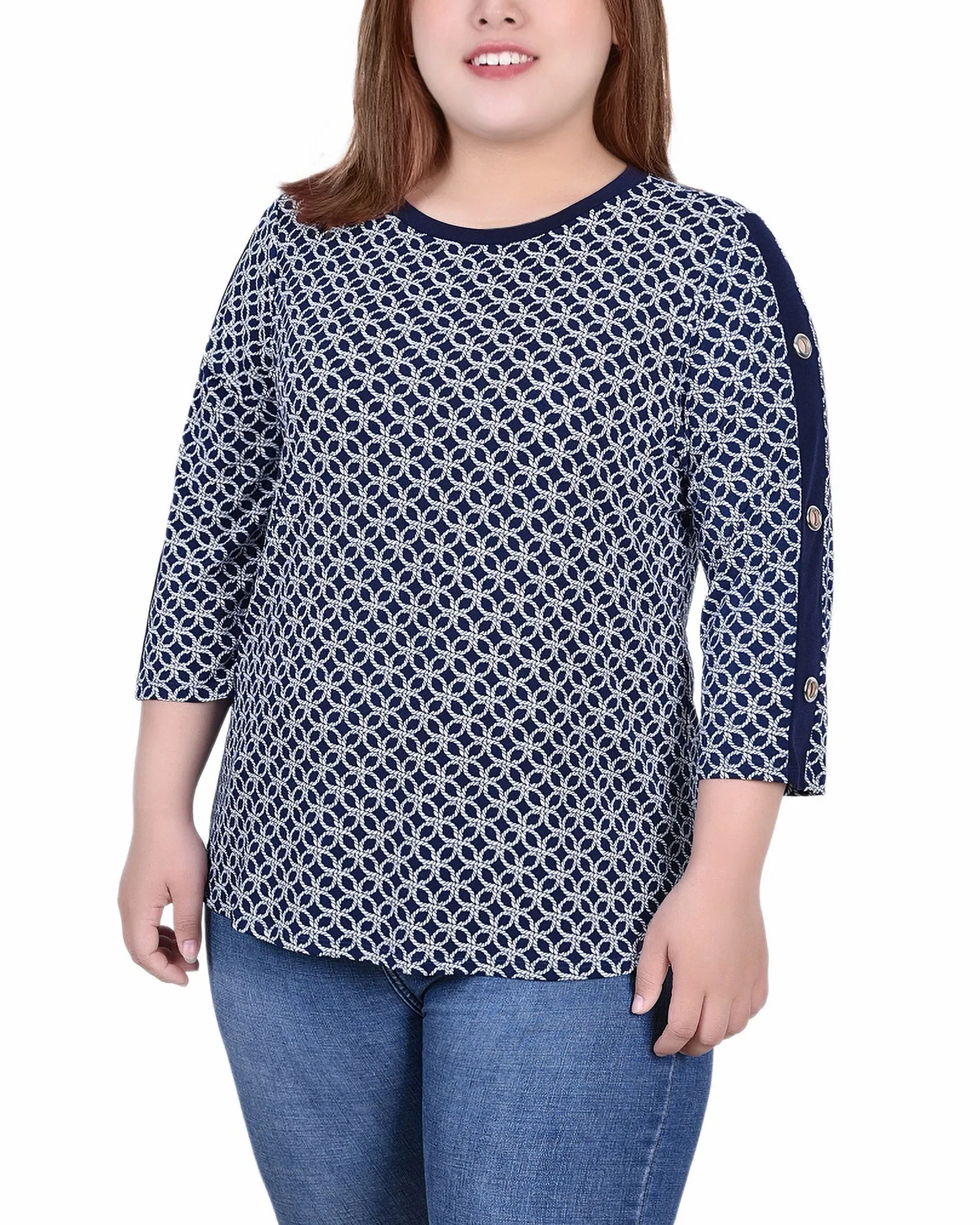 Tonal-Panel Minimal Aesthetic Plus Size 3/4 Sleeve Top With Combo Bands and Grommets