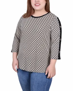 Plus Size 3/4 Sleeve Top With Combo Bands and Grommets Fresh Clothing Mid Season Sleek Draping Plus Size 3/4 Sleeve Top With Combo Bands and Grommets
