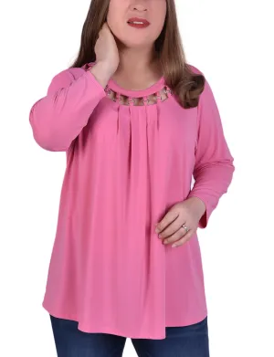 Plus Size 3/4 Sleeve Top With Cutout Ringed Neckline Ruffled Style Plus Size 3/4 Sleeve Top With Cutout Ringed Neckline Premium Fabric Mood Edge