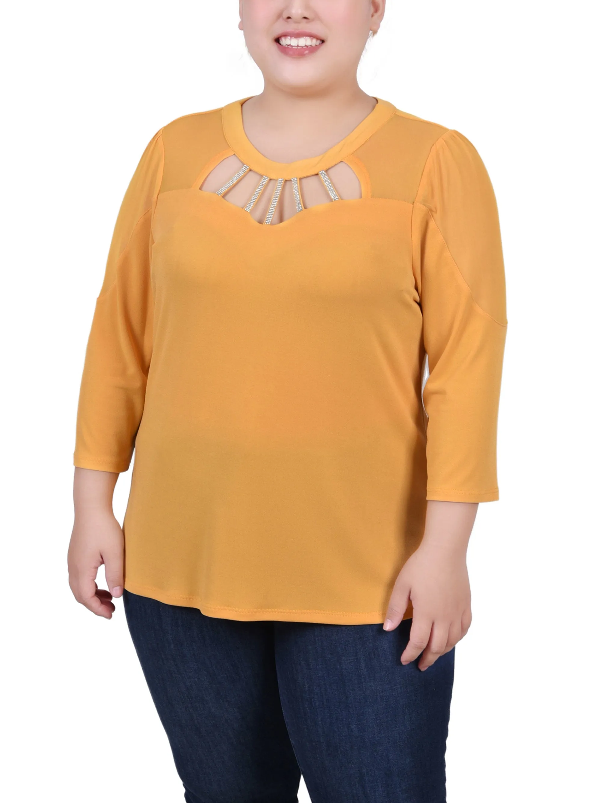 Plus Size 3/4 Sleeve Top With Neckline Cutouts and Stones and Effortless fit dress.