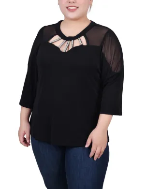 Plus Size 3/4 Sleeve Top With Neckline Cutouts and Stones Clean Finish Plus Size 3/4 Sleeve Top With Neckline Cutouts and Stones Comfort Stretch Seasonal Must-Have