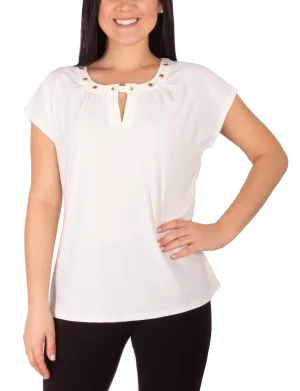 Plus Size Cap Sleeve Top With Grommet Details And Keyhole Designer Outfit Plus Size Cap Sleeve Top With Grommet Details And Keyhole Sleek Vibe Airy Fabric