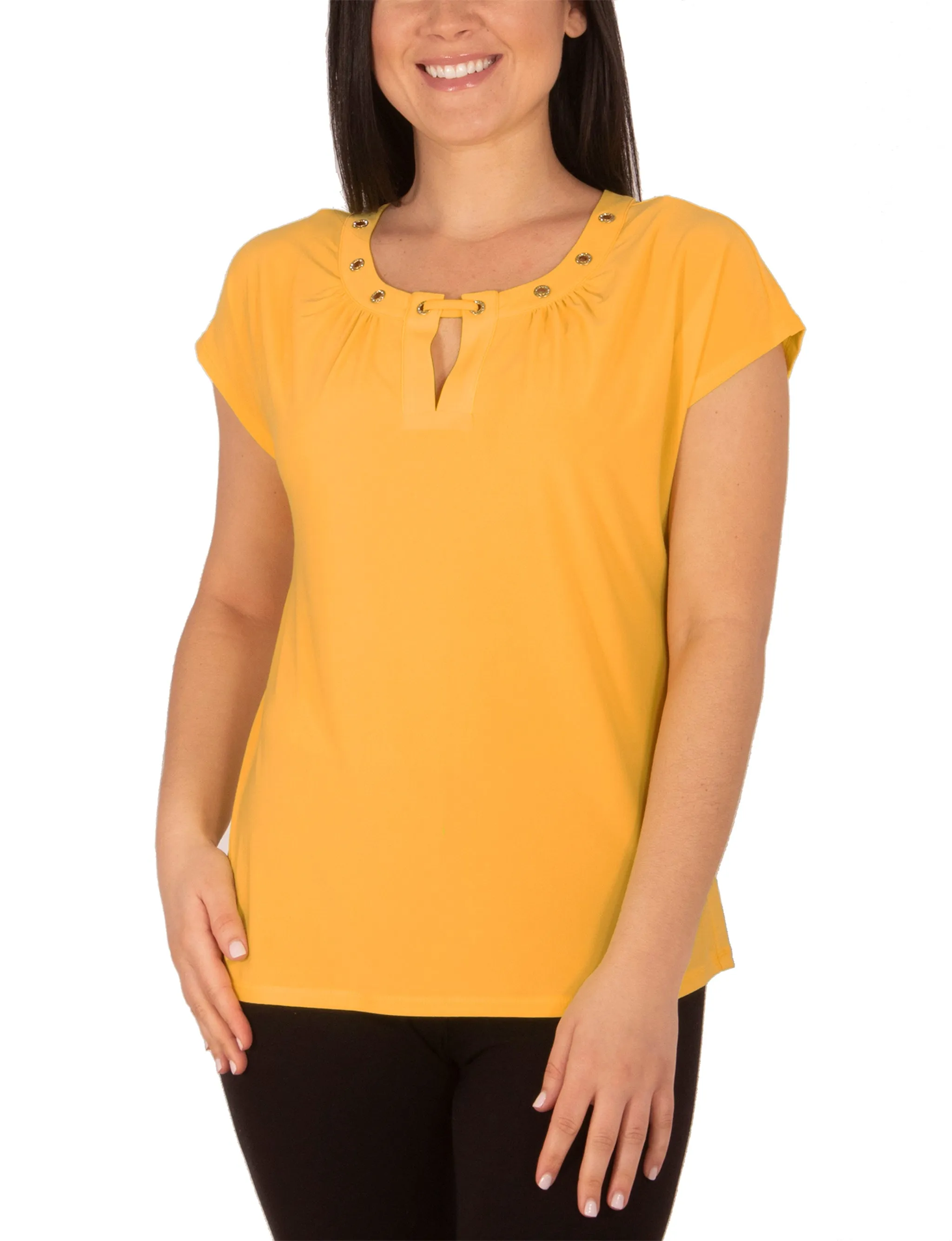 Plus Size Cap Sleeve Top With Grommet Details And Keyhole Luxe Wear