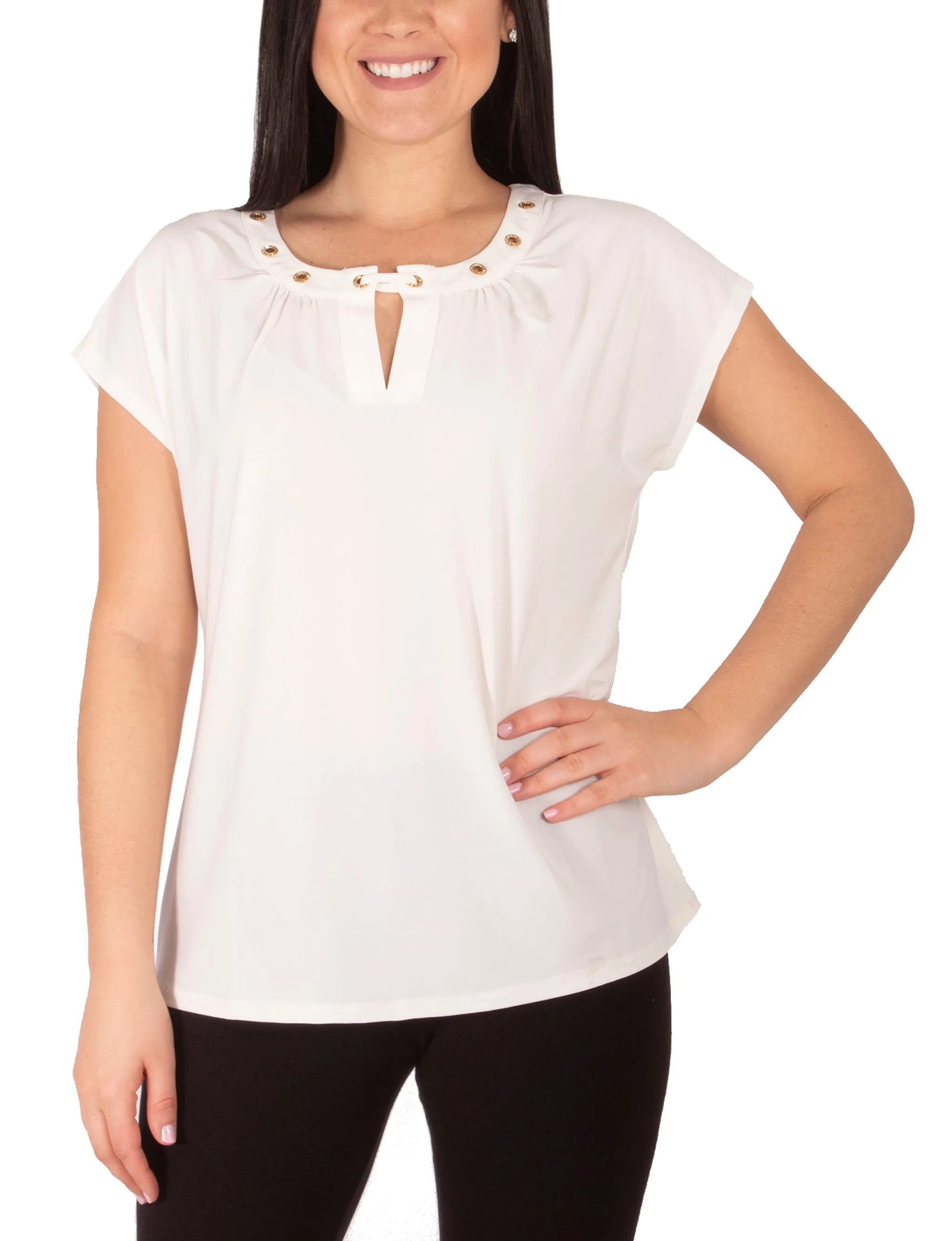 Plus Size Cap Sleeve Top With Grommet Details And Keyhole Layered Volume button detail